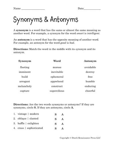 Synonyms And Antonyms Worksheets – Tims Printables