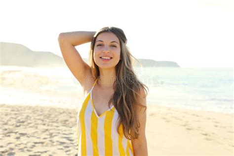 Beautiful Brazilian Woman In Summer Dress On Tropical Beach Portrait