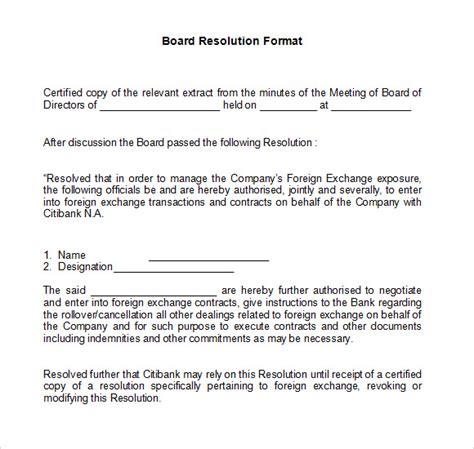 board resolution template  printable templates