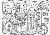 Kleurplaat Droomvallei Hundertwasser Huisjes Natuur Wit Zwart sketch template