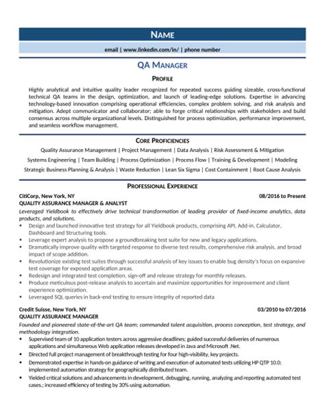 qa manager resume  template   zipjob