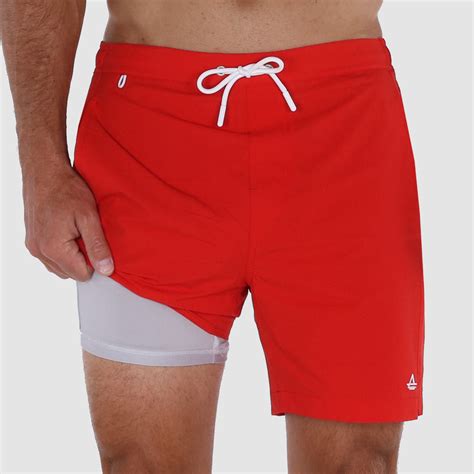 mens  inseam swim trunks  compression liner  color red