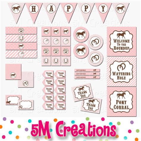 pony birthday party printable decorations cowgirl party pink brown instant