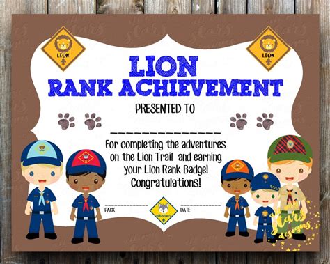 cub scout rank advancement certificate boys lion rank etsy