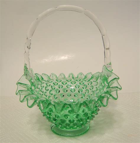 Fenton Hobnail Glass Basket Green Ruffled Rim Crimped Handle Fenton