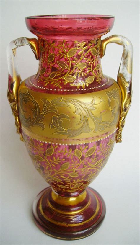 Antique Moser Bohemian Cranberry Glass Vase Ca 1890 Gilt And Enamel