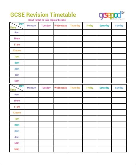 timetable template sample  format