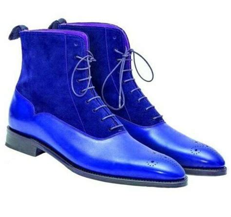 handmade pure blue suede leather ankle boots  mens boots