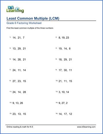 grade  math worksheet  common multiple   numbers