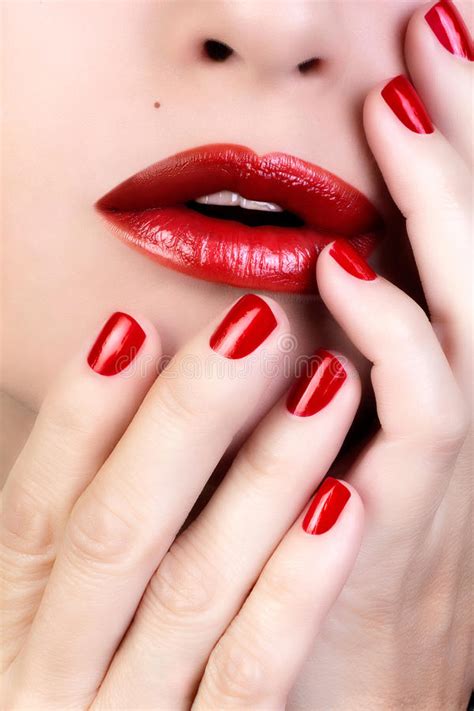 Sensual Woman Red Lips Red Nail Polish Stock Image