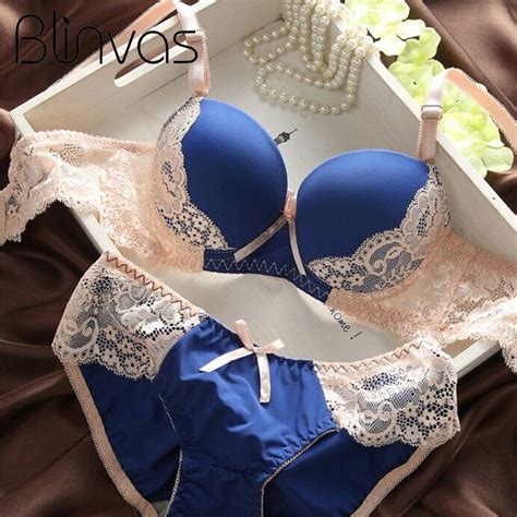 new luxury blue satin women underwear set push up lace foral bras sexy