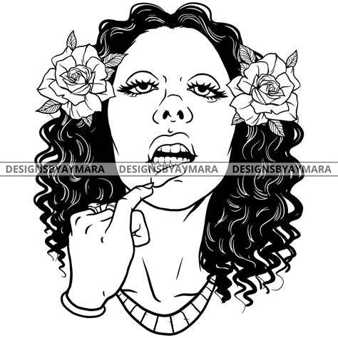 Afro Girl Babe Flowers Kissable Sexy Lips Wavy Hairstyle B W Svg  P