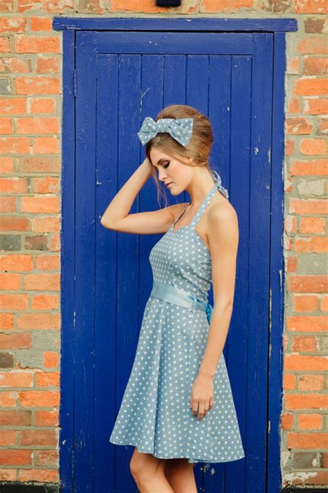 Blue And White Polka Dot Halter Neck 50s Style Bridesmaid Dresses From