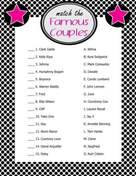 famous couples bridal shower game wedding printables  pinterest