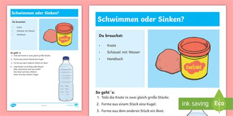 experiment schwimmen oder sinken arbeitsblatt sommer