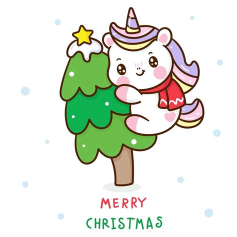 cute unicorn hugging christmas tree  vector art  vecteezy