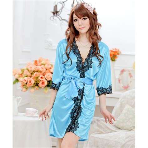 fashion blue satin half sleeve lace trim nightgown sleepwear robe n17130