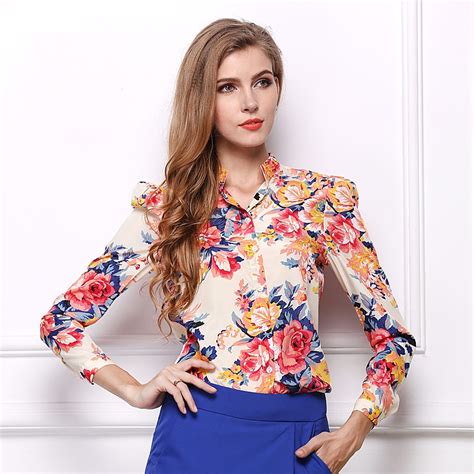 hot sale fashion vintage floral print pattern chiffon blouse women long