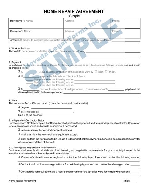 home repair agreement nevada legal forms services