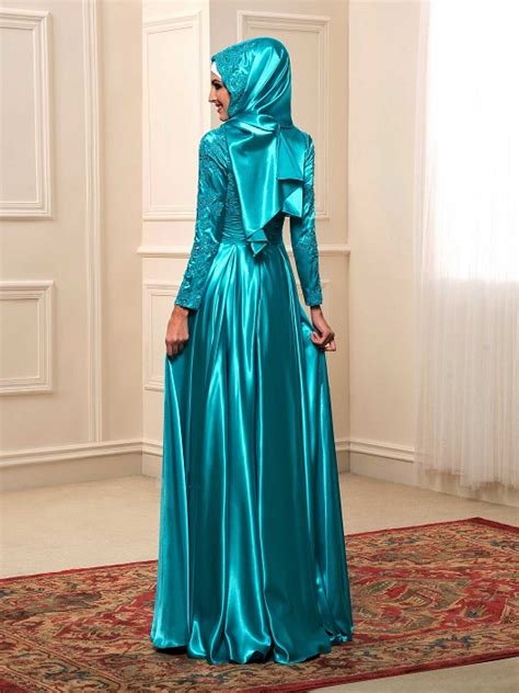 Shimmering Satin Long Sleeve Gown With Hijab For Muslim