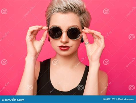 Closeup Beautiful Trendy Hipster Girl In Retro Sunglasses Stock Image