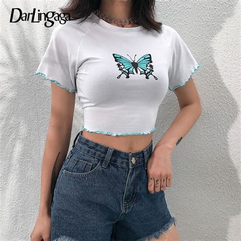 Darlingaga Cotton Sweet Butterfly Print White Tshirt Women Short Sleeve