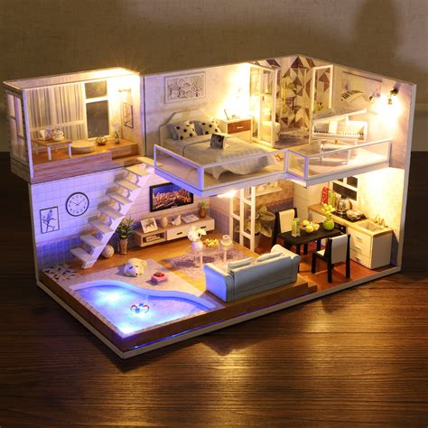 diy doll house kit realistic mini  loft apartments dollhouse toy  furniture led lights