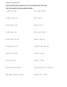 solving quadratic equations   quadratic formula worksheet