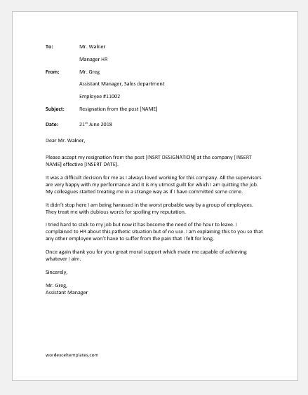 resignation letter due to harassment word and excel templates