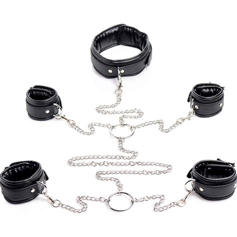 Strict Slave Bondage Shackle Set With Collar And Cuffs Black