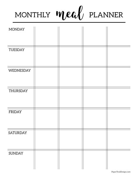 printable monthly meal planner template paper trail design