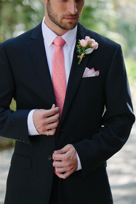 navy groomsmen suit  pink polka dot tie
