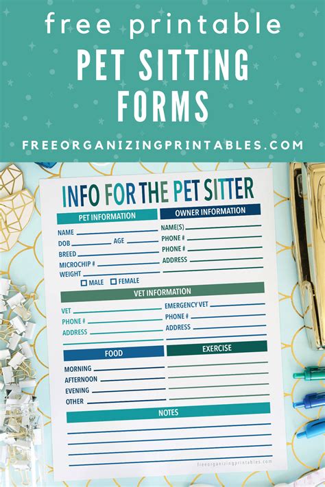 printable pet sitting forms  organizing printables
