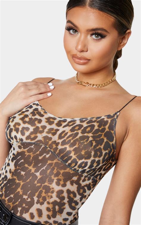 Tan Mesh Leopard Print Bust Panel Bodysuit Prettylittlething