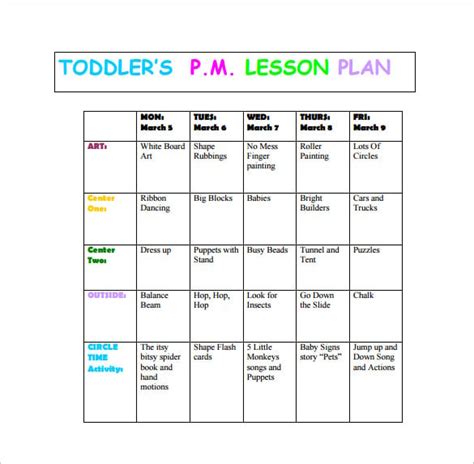 toddler lesson plan templates  word excel
