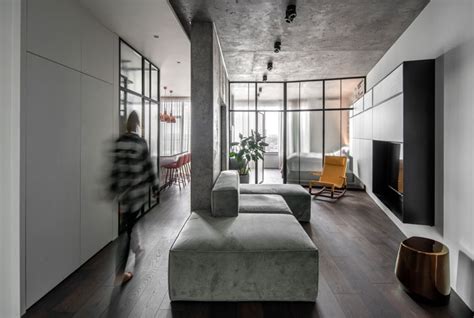 modern studio apartment  glass walled bedroom interiorzine