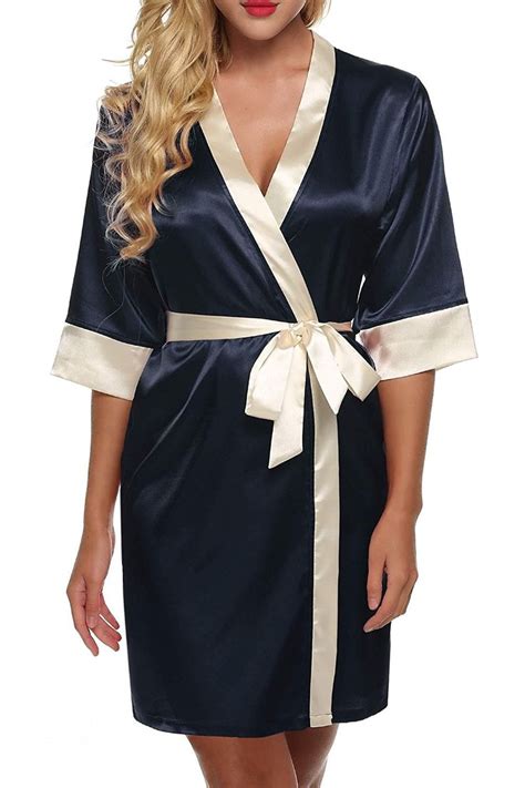 Women S Kimono Robe Short Satin Pure Color Bathrobe V Neck Sleepwear