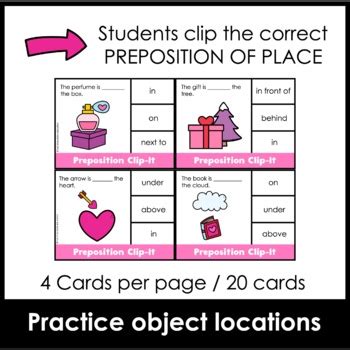 prepositions  place card match spatial concepts valentines day theme