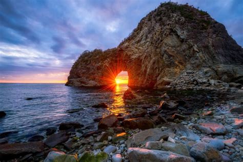 Sangamon Japan Sea Beach Rock Arches Sun Rays