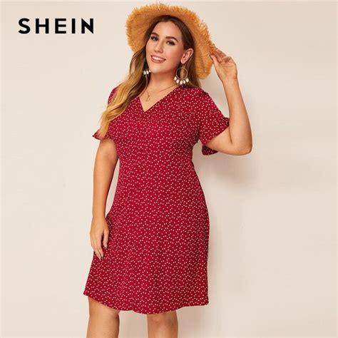 shein plus size heart print ruffle cuff button up dress women summer