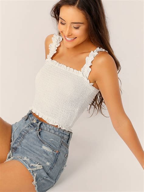 shein frill trim shirred top top outfits crop top outfits cute crop