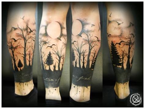Awesome Full Moon And Black Forest Tattoo On Leg Tattooimages Biz