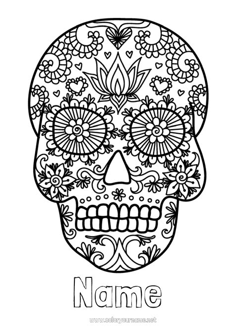 coloring page  skeleton skull  de los muertos