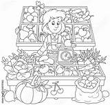 Market Fruit Coloring Cartoon Vegetables Greengrocer Vector Illustration Girl Trader Stock Smiling sketch template