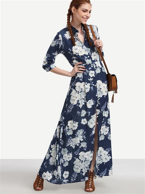 Navy Flower Print Maxi Shirt Dress Shein Sheinside