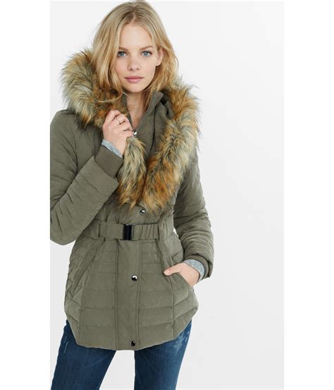 Express Extreme Fur Hood Puffer Coat In Taupe Brown Lyst