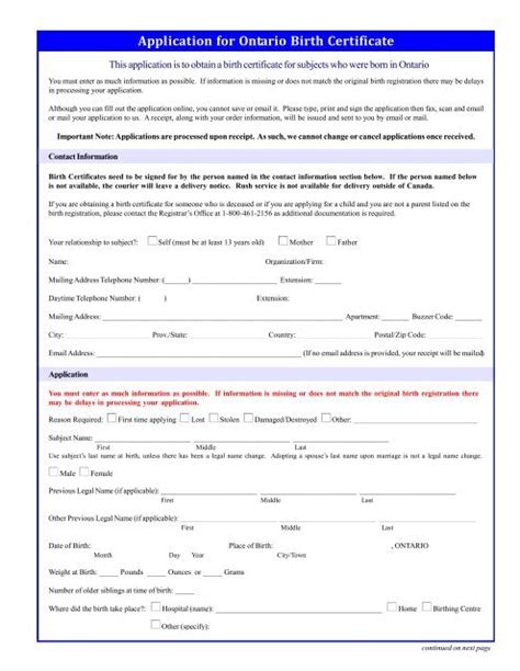 ontario birth certificate information