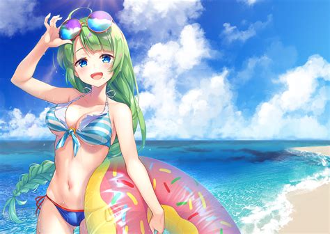 anthropomorphism aqua eyes beach bikini blush braids