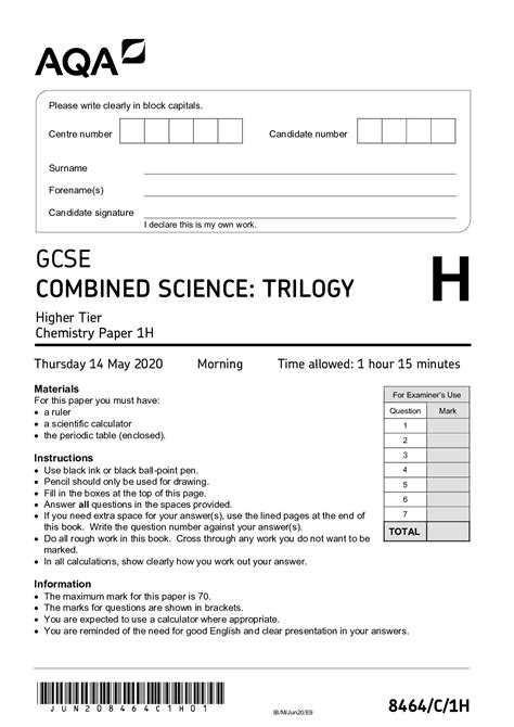 aqa gcse combined science trilogy higher tier chemistry paper