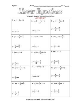 writing equations  lines  slope intercept form fractions worksheet